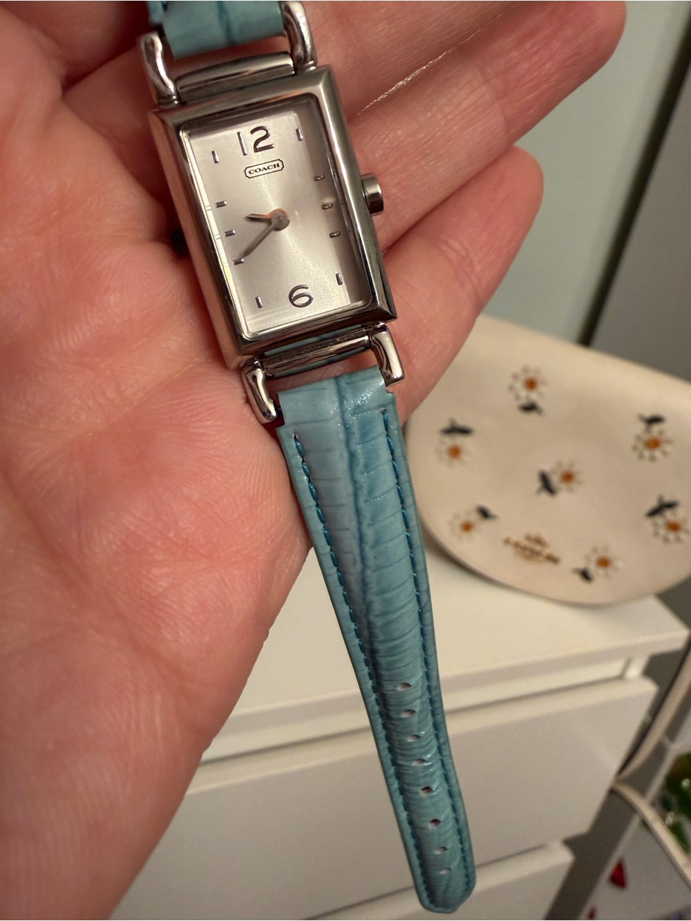 Coach Silver Rectangular Watch with Light Blue Leather Strap